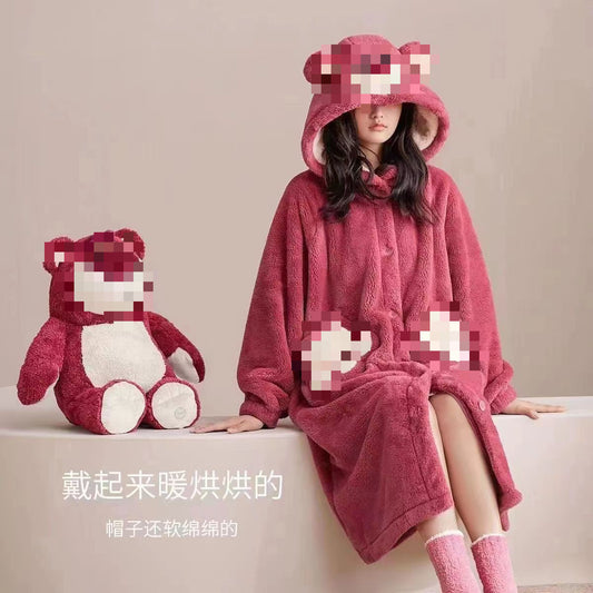 2023Cute Big-Eyed Boy Hooded Coral Fleece Robe Thickened Mid-Length Style Couple Thickened Loungewear
