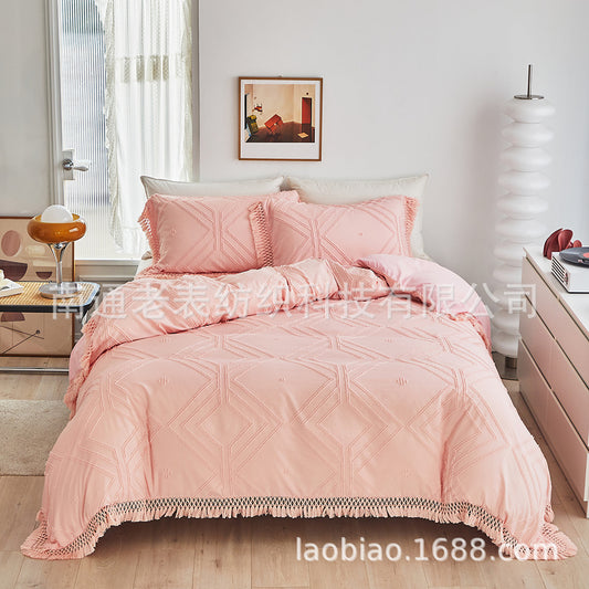 Cross-Border European and American Foreign Trade Bedding Craft Style Solid Color Cut Flower Square Wave Tassel Lace Quilt Cover Three-Piece Set