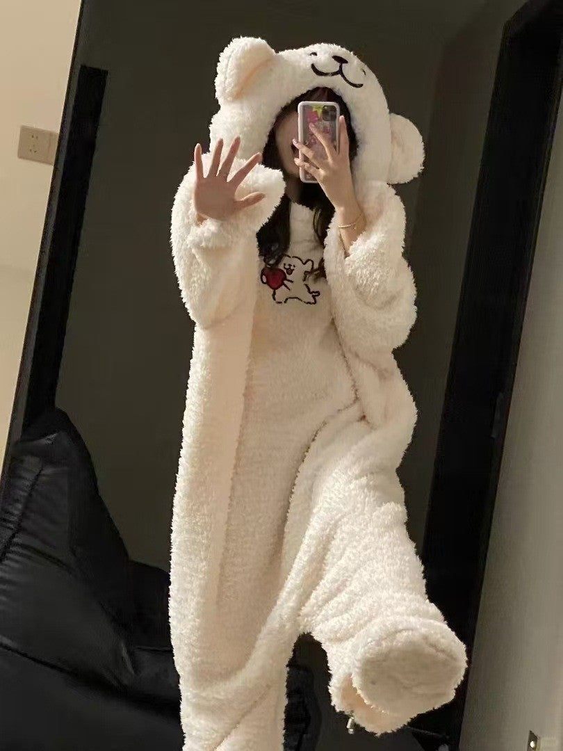 Hot-Selling Cute Puppy Couple One-Piece Thickened Cold-Resistant Pajamas Coral New Home Wear Dormitory Suitable for Outdoor and Home Use