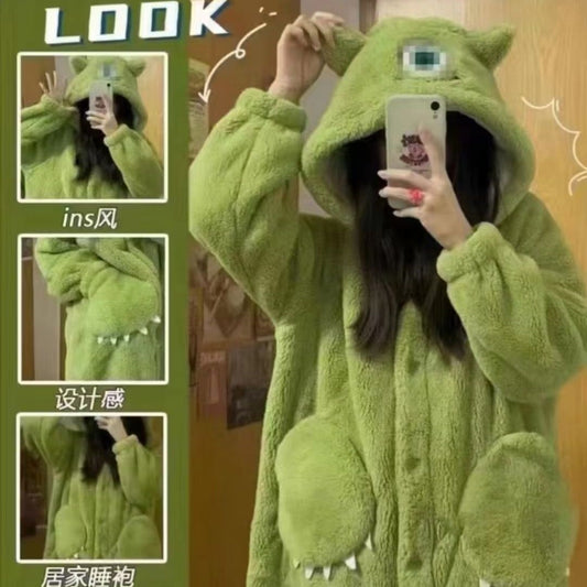 2023Cute Big-Eyed Boy Hooded Coral Fleece Robe Thickened Mid-Length Style Couple Thickened Loungewear