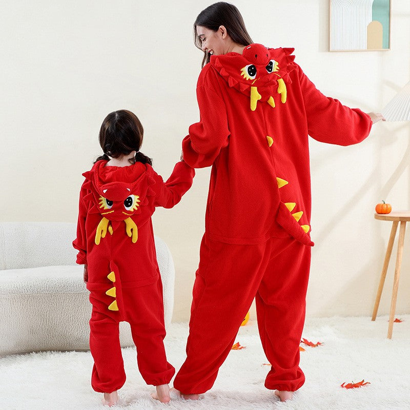 2024New Fleece One-Piece Jumpsuit Home Parent-Child Outfit Cross-Border Middle Child Adult One-Piece Performance Homewear