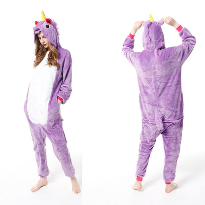 Cartoon Men and Women Winter Coral Home Wear New Couple Flannel Unicorn Pegasus Animal One-piece Pajamas