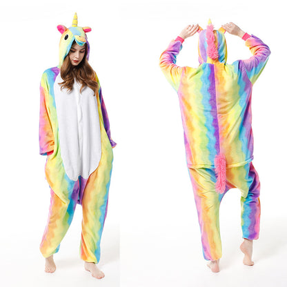Cartoon Men and Women Winter Coral Home Wear New Couple Flannel Unicorn Pegasus Animal One-piece Pajamas