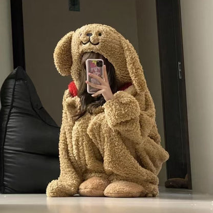 Hot-Selling Cute Puppy Couple One-Piece Thickened Cold-Resistant Pajamas Coral New Home Wear Dormitory Suitable for Outdoor and Home Use