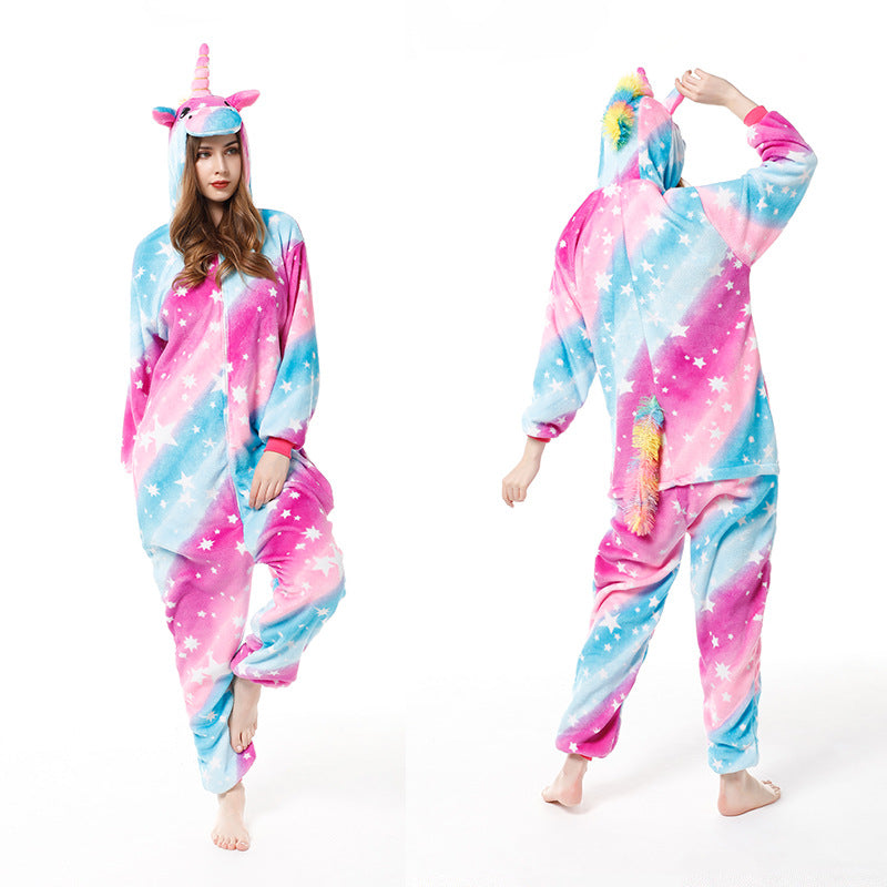 Cartoon Men and Women Winter Coral Home Wear New Couple Flannel Unicorn Pegasus Animal One-piece Pajamas