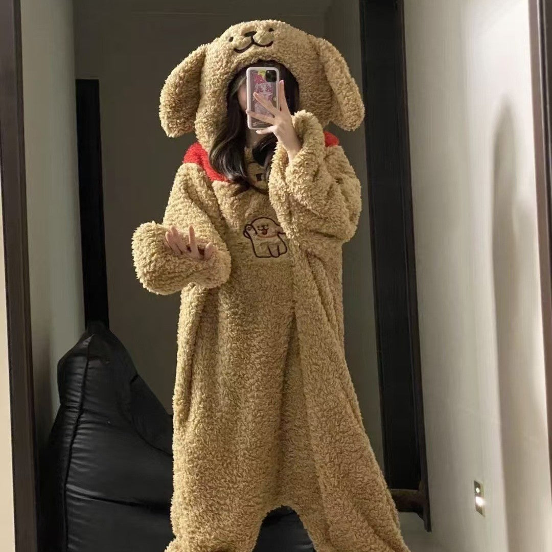 Hot-Selling Cute Puppy Couple One-Piece Thickened Cold-Resistant Pajamas Coral New Home Wear Dormitory Suitable for Outdoor and Home Use