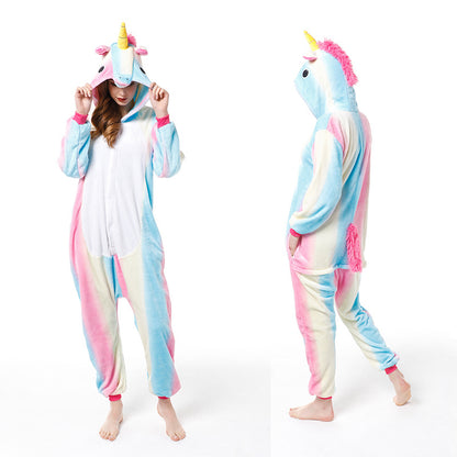 Cartoon Men and Women Winter Coral Home Wear New Couple Flannel Unicorn Pegasus Animal One-piece Pajamas