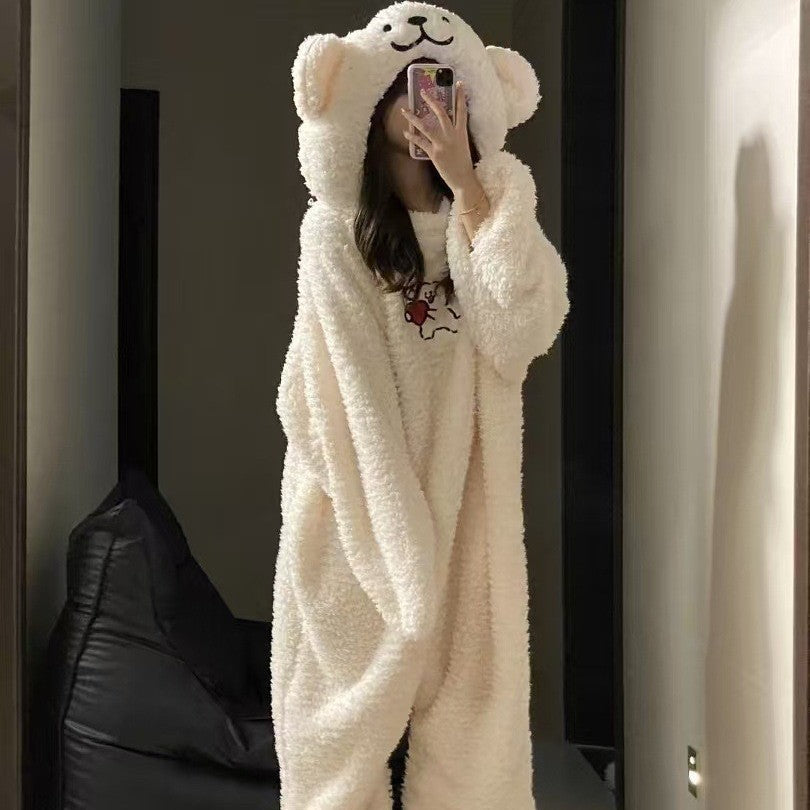 Hot-Selling Cute Puppy Couple One-Piece Thickened Cold-Resistant Pajamas Coral New Home Wear Dormitory Suitable for Outdoor and Home Use