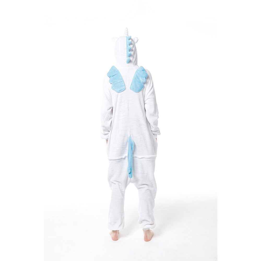 Cartoon Men and Women Winter Coral Home Wear New Couple Flannel Unicorn Pegasus Animal One-piece Pajamas