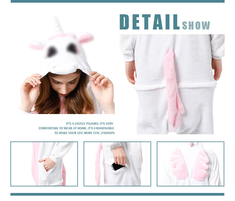 Cartoon Men and Women Winter Coral Home Wear New Couple Flannel Unicorn Pegasus Animal One-piece Pajamas