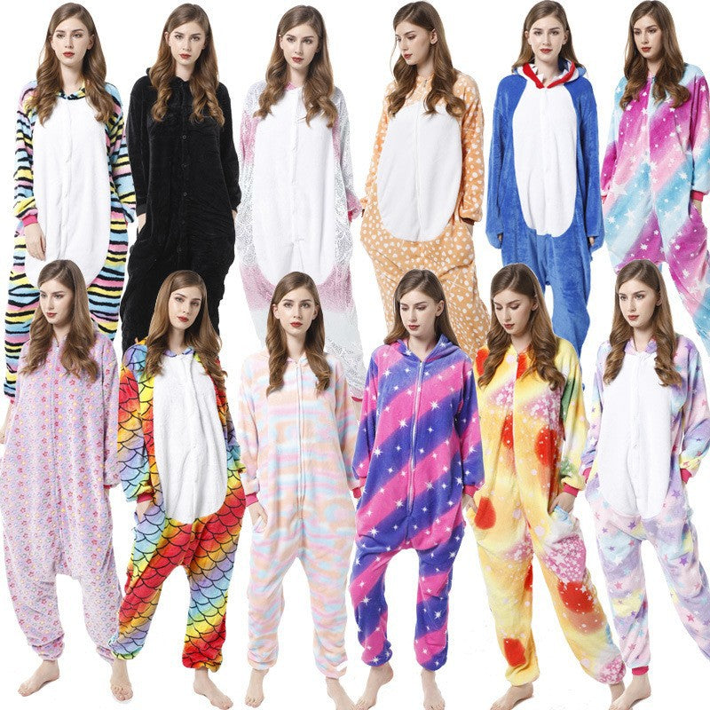Cartoon Men and Women Winter Coral Home Wear New Couple Flannel Unicorn Pegasus Animal One-piece Pajamas