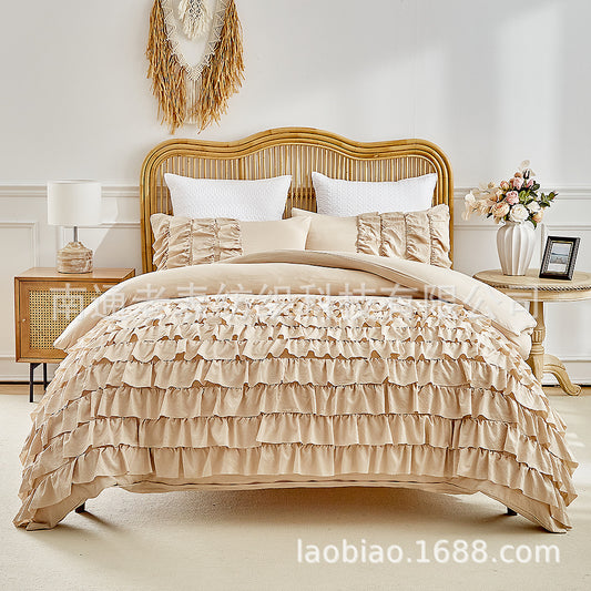 Lao Biao Cross-Border Foreign Trade Manufacturer Supply Amazon Bedding Ruffled Solid Color Princess Lace Quilt Cover Set