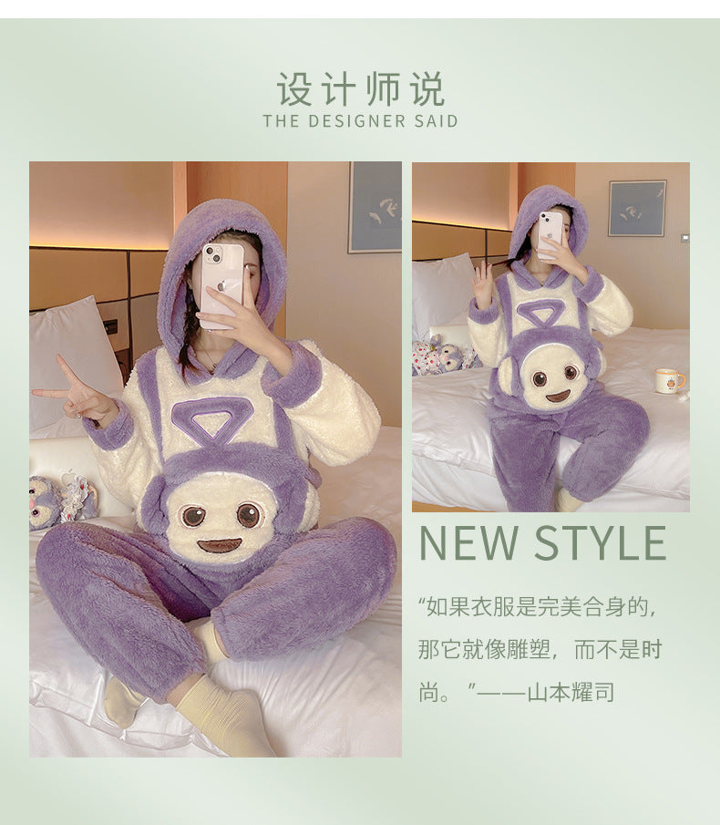 Coral Fleece Pajamas Thickened Fleece Cartoon Homewear Cute Soft Cotton Fleece Women Autumn Winter2023New Style Two-Piece
