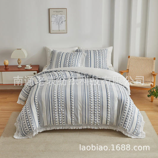 Cross-Border Amazon Bedding Craft Style Solid Color Cut Flower Dot Pom Pom Tassel Dot Foreign Trade Three-Piece Set