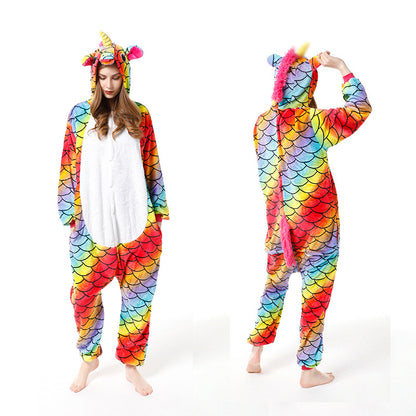 Cartoon Men and Women Winter Coral Home Wear New Couple Flannel Unicorn Pegasus Animal One-piece Pajamas