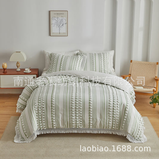 Cross-Border Amazon Bedding Craft Style Solid Color Cut Flower Dot Pom Pom Tassel Dot Foreign Trade Three-Piece Set