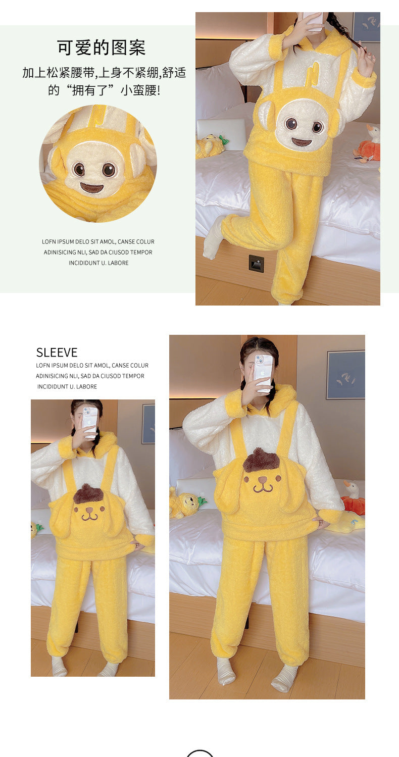 Coral Fleece Pajamas Thickened Fleece Cartoon Homewear Cute Soft Cotton Fleece Women Autumn Winter2023New Style Two-Piece