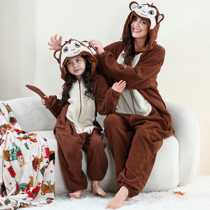 2024New Fleece One-Piece Jumpsuit Home Parent-Child Outfit Cross-Border Middle Child Adult One-Piece Performance Homewear