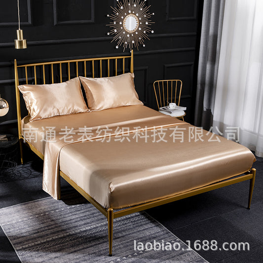 wish Amazon ebay Home Ice Silk Bed Sheet Silk Satin Color Satin Pillowcase Imitation Silk Four-Piece Set Bed Skirt Style