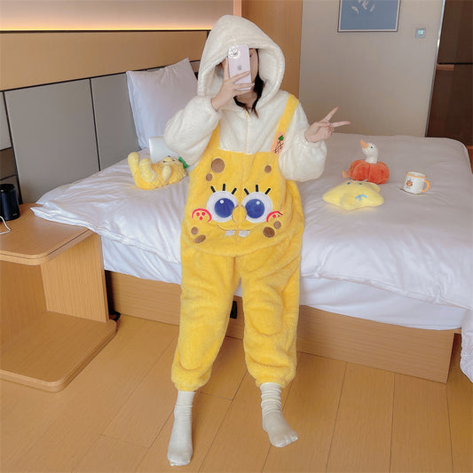 Coral Fleece Pajamas Couple Autumn Winter Cute Thickened Bathrobe Nightgown Flannel Homewear Set One-Piece