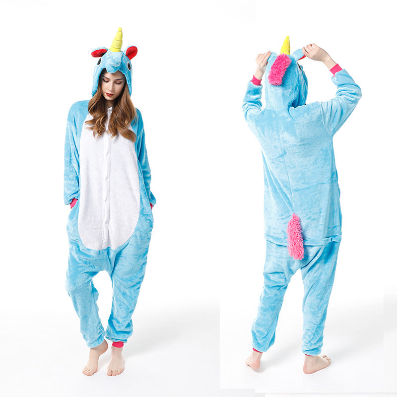 Cartoon Men and Women Winter Coral Home Wear New Couple Flannel Unicorn Pegasus Animal One-piece Pajamas