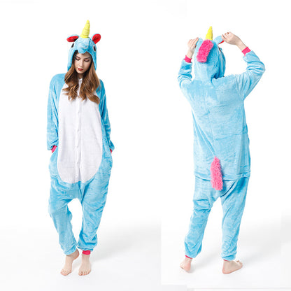 Cartoon Men and Women Winter Coral Home Wear New Couple Flannel Unicorn Pegasus Animal One-piece Pajamas