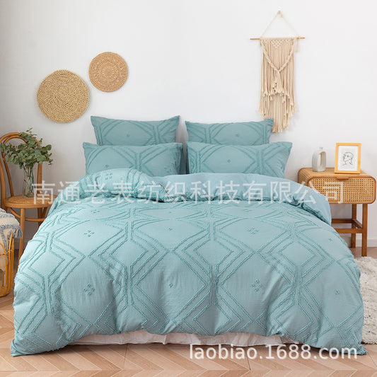 Cross-Border Manufacturer Amazon Bedding Bedding Craft Style Solid Color Cut Flower Square Shape Foreign Trade Home Textile Three-Piece Set