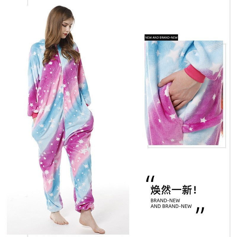 Cartoon Men and Women Winter Coral Home Wear New Couple Flannel Unicorn Pegasus Animal One-piece Pajamas