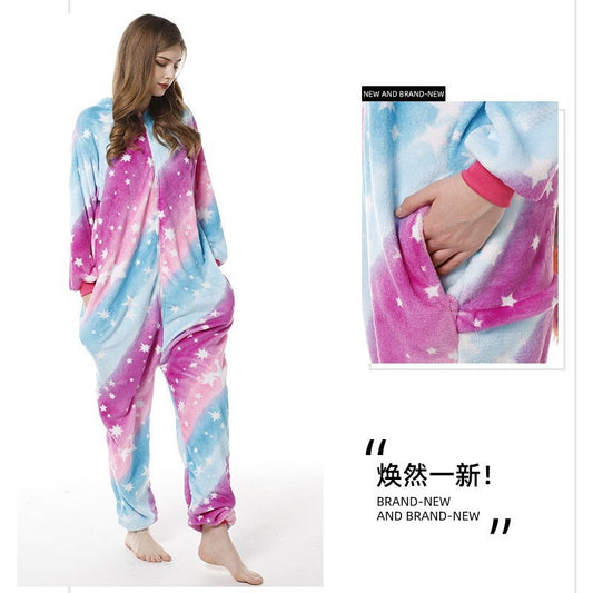 Cartoon Men and Women Winter Coral Home Wear New Couple Flannel Unicorn Pegasus Animal One-piece Pajamas