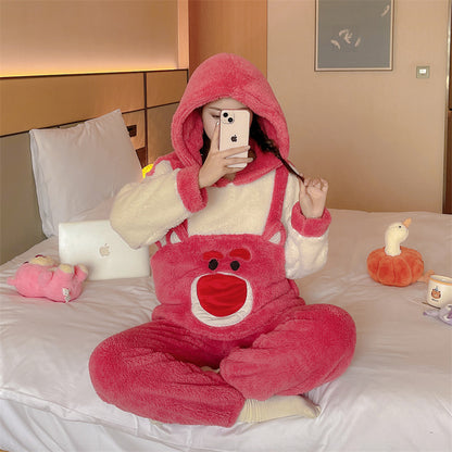 Coral Fleece Pajamas Thickened Fleece Cartoon Homewear Cute Soft Cotton Fleece Women Autumn Winter2023New Style Two-Piece