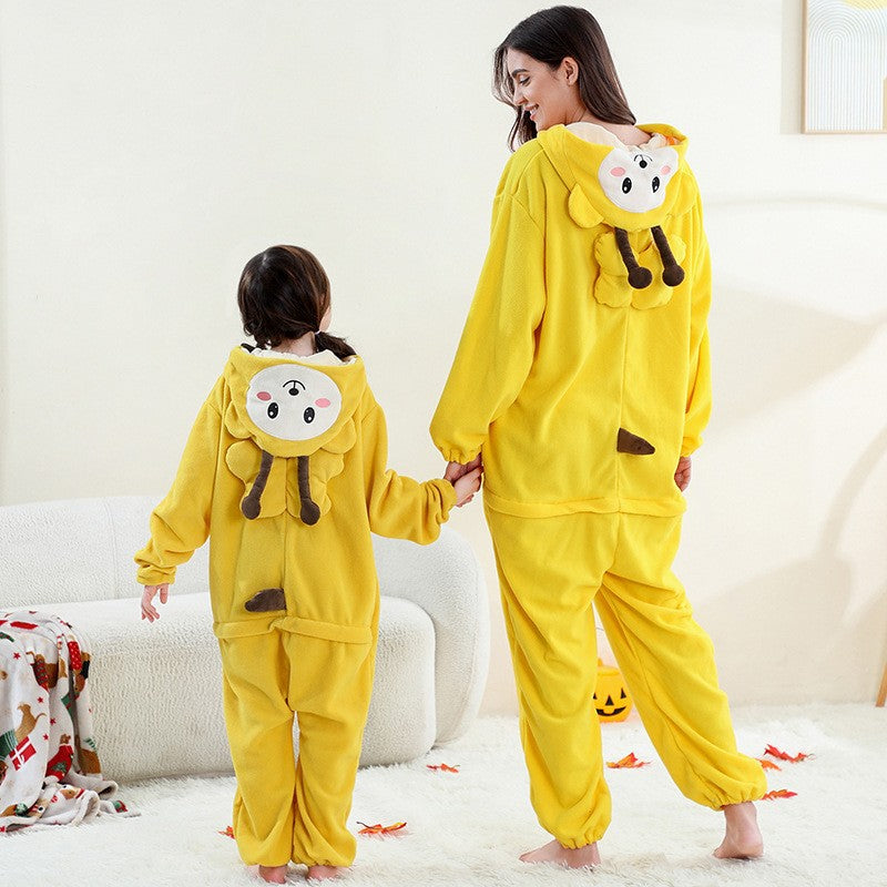 2024New Fleece One-Piece Jumpsuit Home Parent-Child Outfit Cross-Border Middle Child Adult One-Piece Performance Homewear