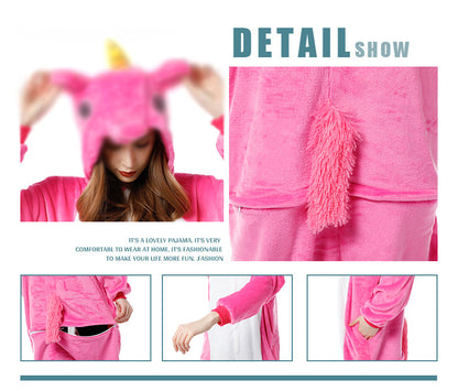 Cartoon Men and Women Winter Coral Home Wear New Couple Flannel Unicorn Pegasus Animal One-piece Pajamas