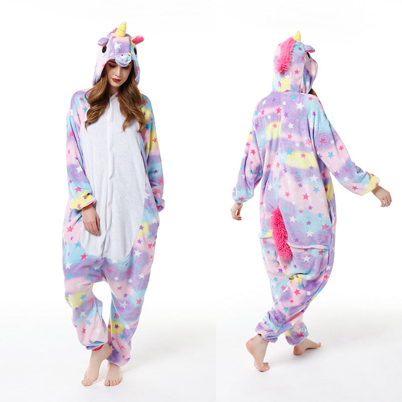 Cartoon Men and Women Winter Coral Home Wear New Couple Flannel Unicorn Pegasus Animal One-piece Pajamas