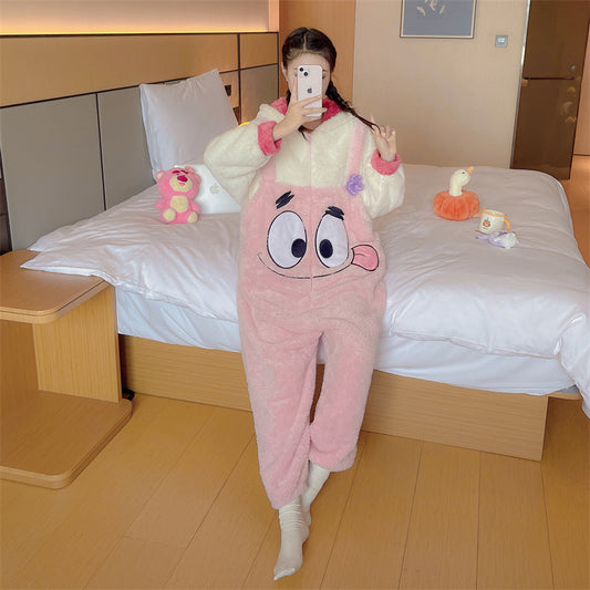 Coral Fleece Pajamas Couple Autumn Winter Cute Thickened Bathrobe Nightgown Flannel Homewear Set One-Piece