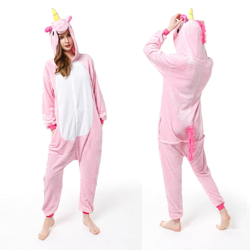 Cartoon Men and Women Winter Coral Home Wear New Couple Flannel Unicorn Pegasus Animal One-piece Pajamas
