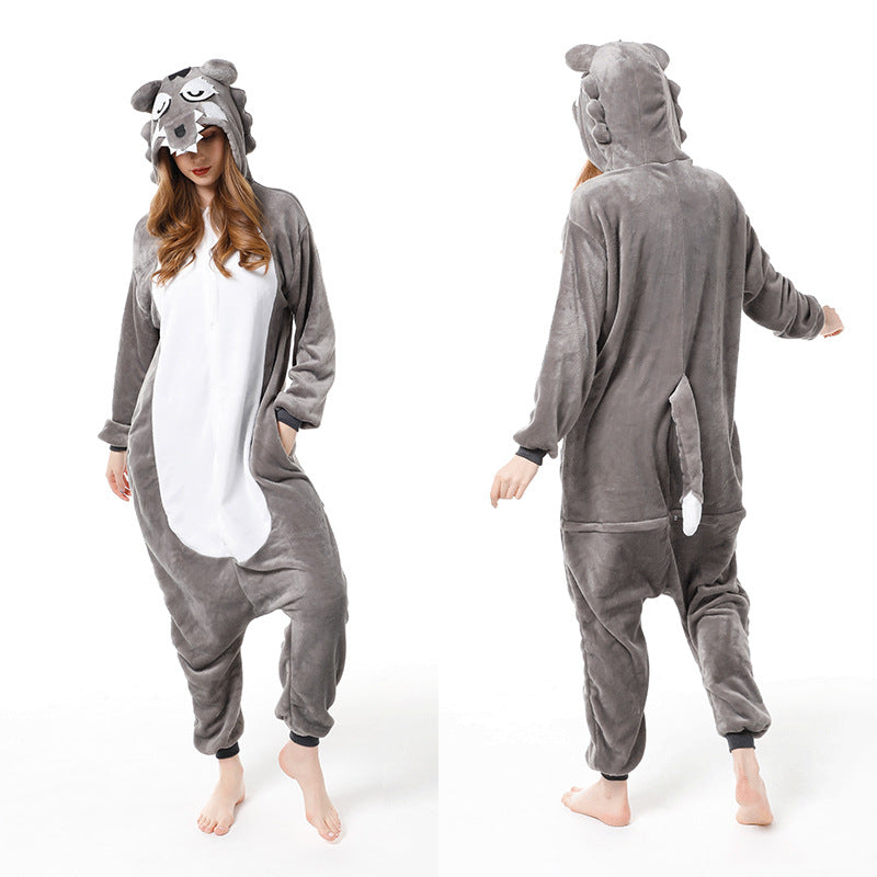 Cartoon Men and Women Winter Coral Home Wear New Couple Flannel Unicorn Pegasus Animal One-piece Pajamas