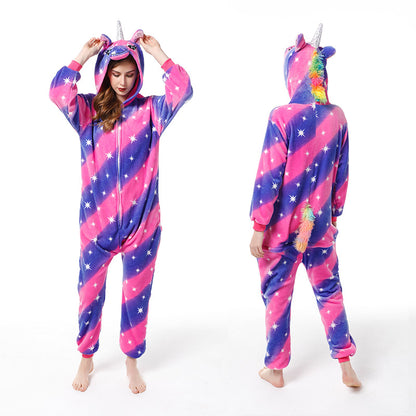 Cartoon Men and Women Winter Coral Home Wear New Couple Flannel Unicorn Pegasus Animal One-piece Pajamas