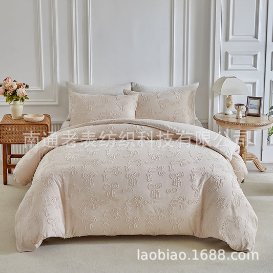 Lao Biao Cross-Border Supplier Wholesale Bedding European and American Cut Flower Bow Simple Duvet Cover Pillowcase Set