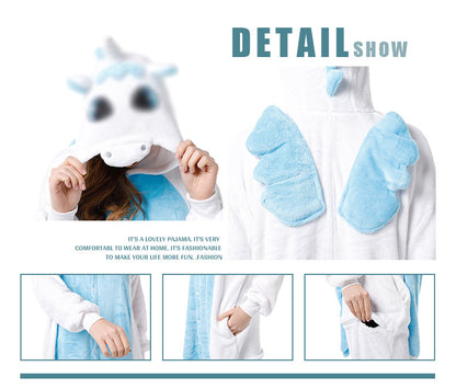 Cartoon Men and Women Winter Coral Home Wear New Couple Flannel Unicorn Pegasus Animal One-piece Pajamas