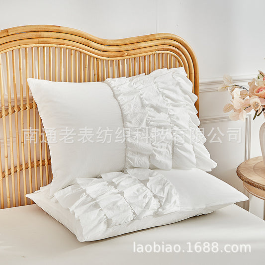 Lao Biao Cross-Border Foreign Trade Manufacturer Supply Amazon Bedding Ruffled Solid Color Princess Lace Quilt Cover Set