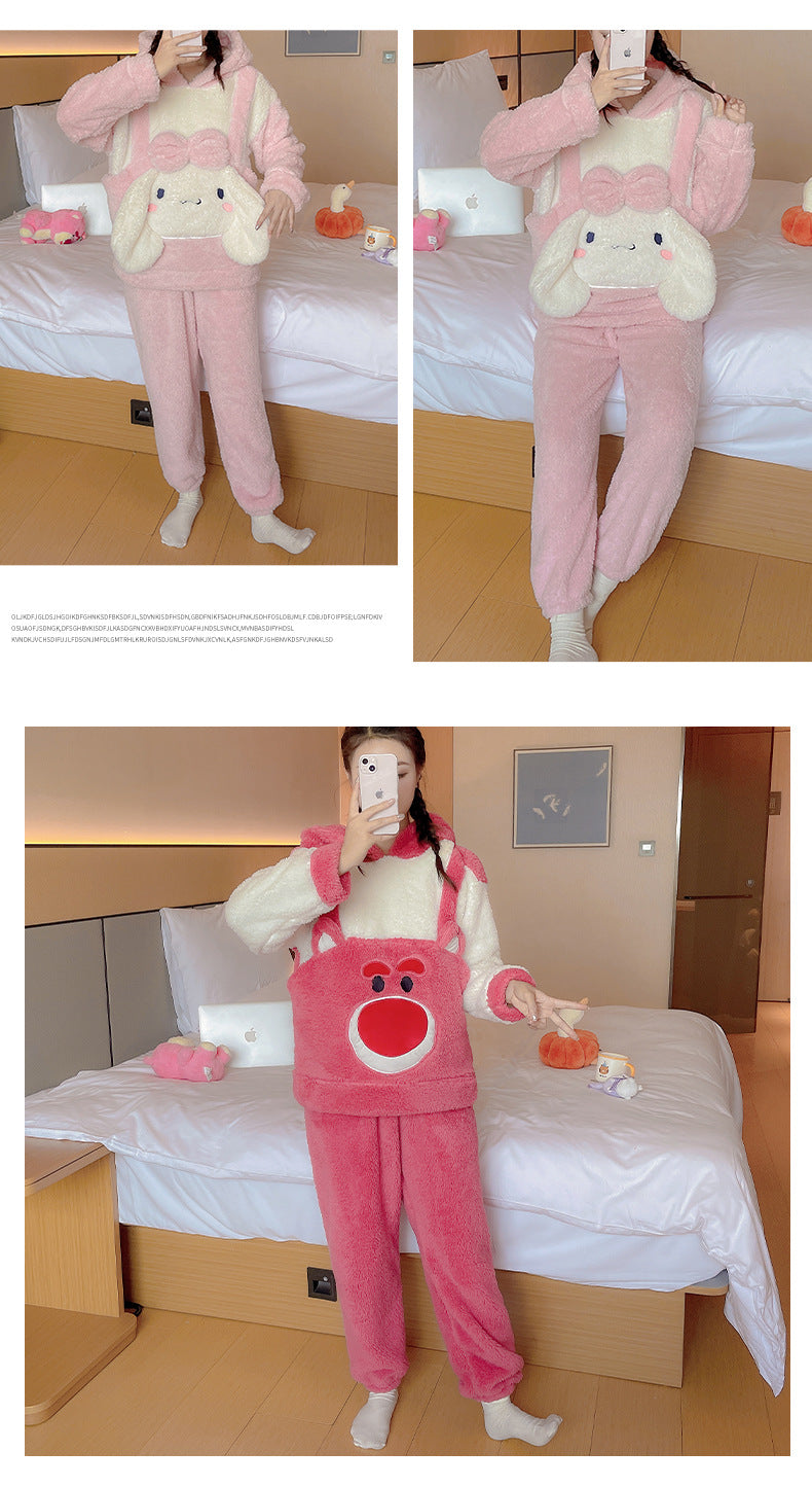 Coral Fleece Pajamas Thickened Fleece Cartoon Homewear Cute Soft Cotton Fleece Women Autumn Winter2023New Style Two-Piece
