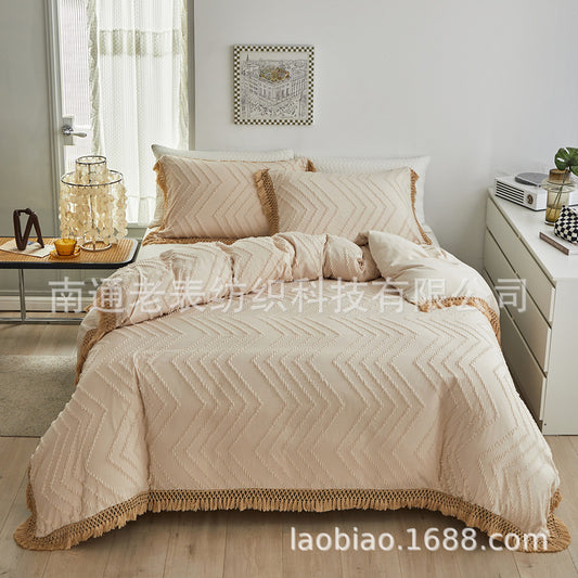 Cross-Border European and American Foreign Trade Bedding Craft Style Solid Color Cut Flower Square Wave Tassel Lace Quilt Cover Three-Piece Set